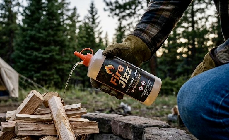 Fire Jizz — Instant Liquid Fire Starter, poured at a dusk campfire
